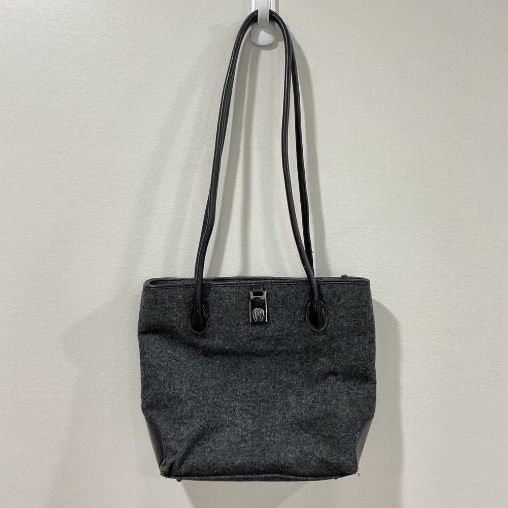 Vintage Etienne Aigner‎ Shoulder Bag Tote Gray Wool Leather Handle Bag